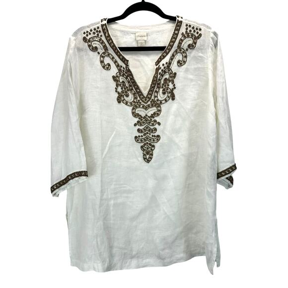 Chico's Linen Tunic Beaded White Blouse 2P Large Petite - Picture 1 of 11